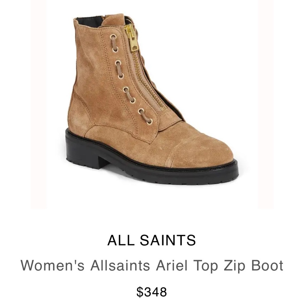AllSaints Ariel Top Zip Suede Boot in size 36